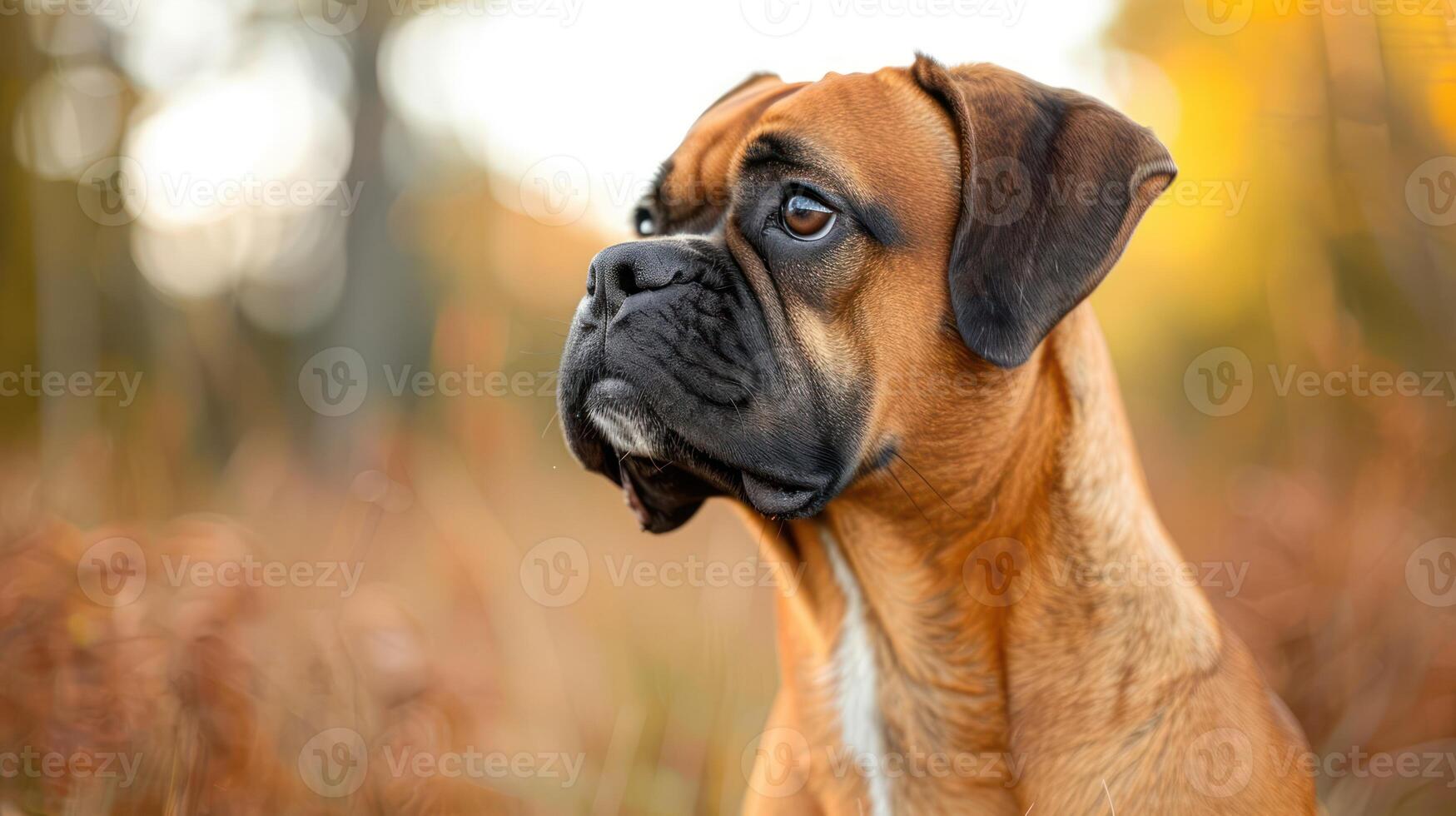 A close-up portrait of a boxer dog in a vibrant autumn landscape, showcasing its expressive features photo