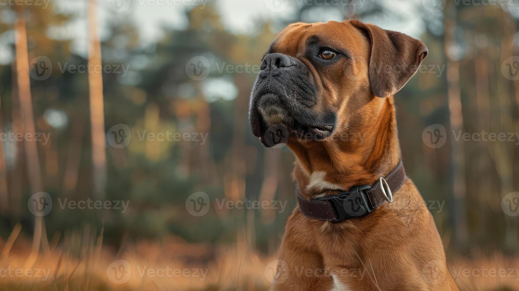 A majestic boxer dog poses attentively in a serene forest setting during golden hour photo