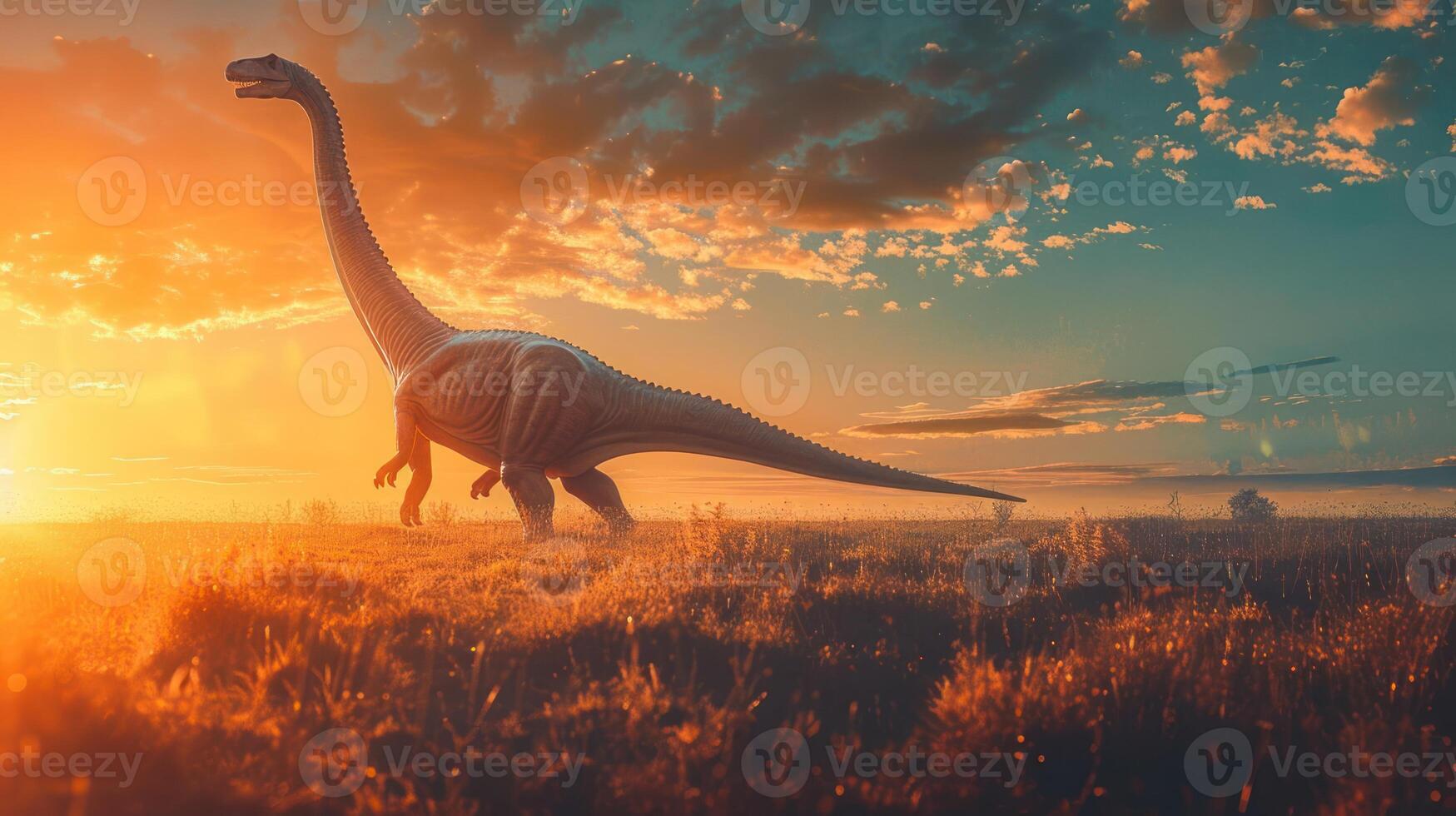 A majestic dinosaur walking through a golden field at sunset, with vibrant clouds in the background photo