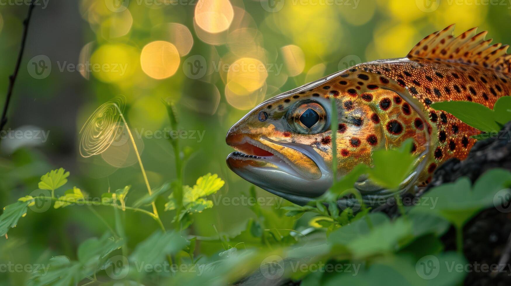 Close-up of a vibrant trout resting among lush green foliage with soft bokeh background photo