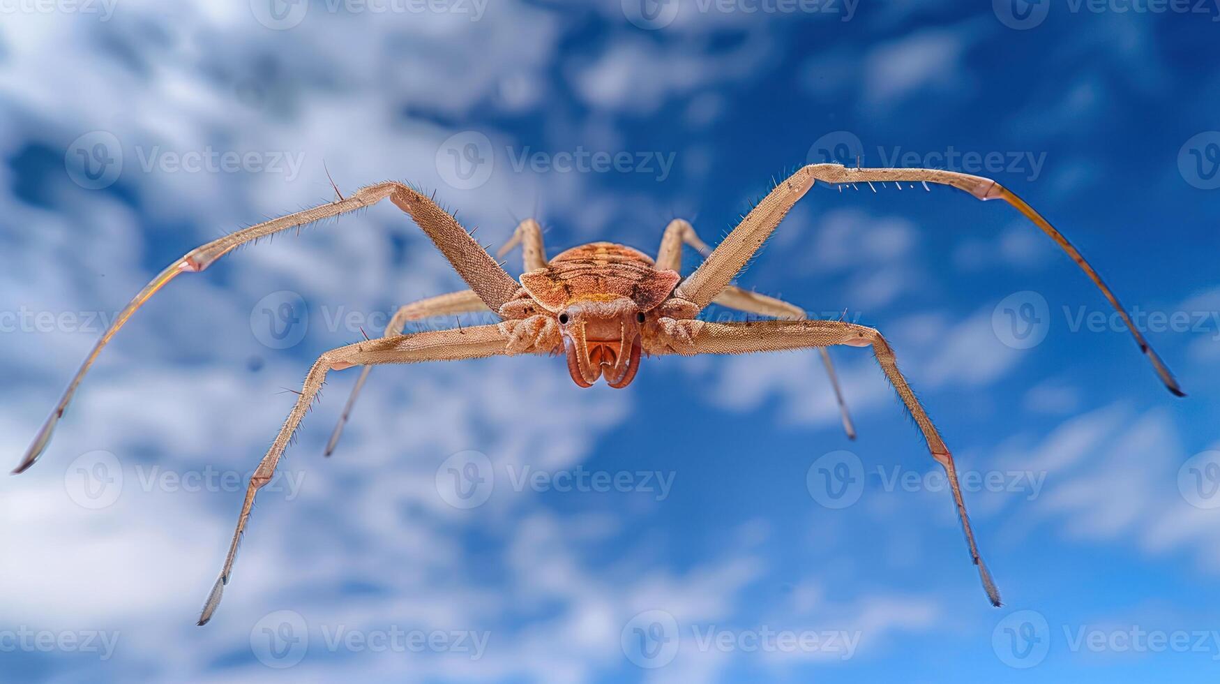 A close-up view of a spider against a blue sky with fluffy clouds, showcasing its intricate details photo