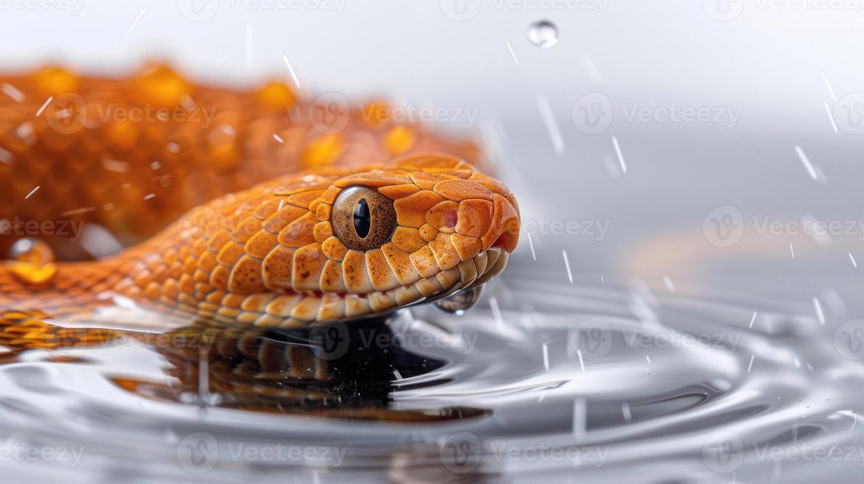Close-up of a vibrant orange snake in water droplets, showcasing its scales and environment photo