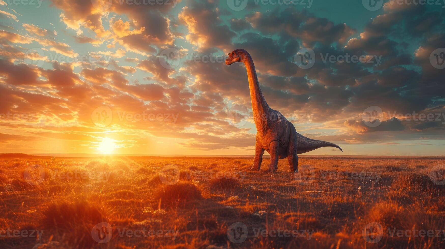 Majestic dinosaur silhouette against a vibrant sunset in an open field, evoking prehistoric wonder photo