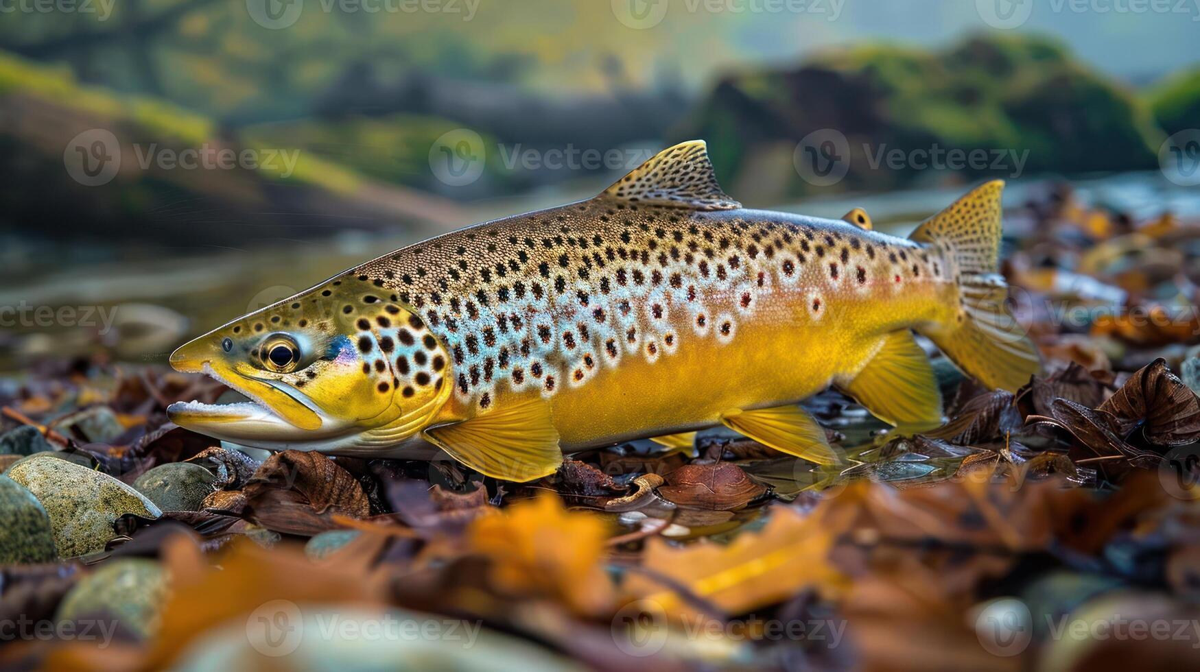 A vibrant brown trout resting on colorful autumn leaves beside a tranquil stream in nature photo
