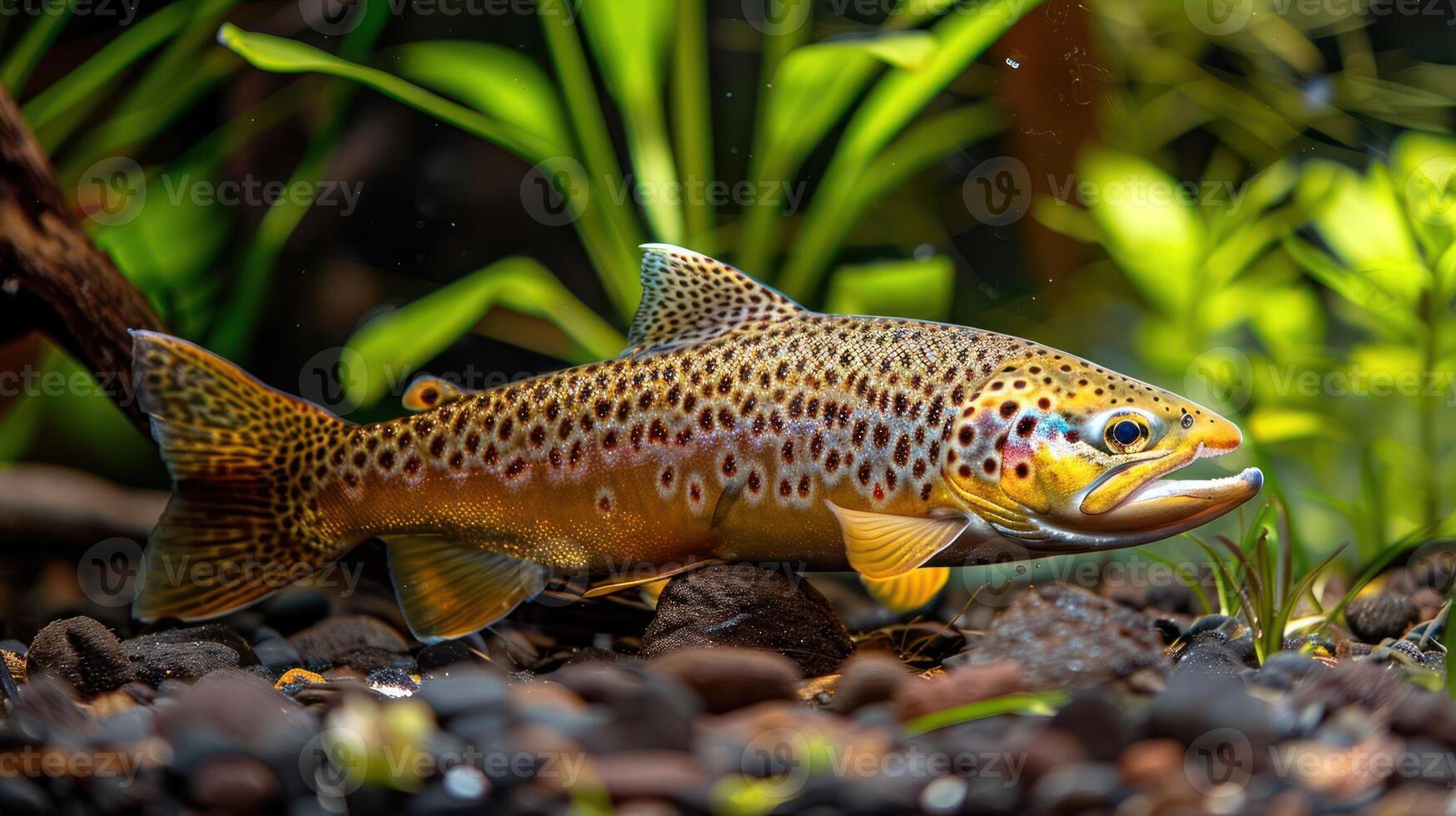 Vibrant brown trout swimming gracefully among lush aquatic plants in a serene aquarium setting photo