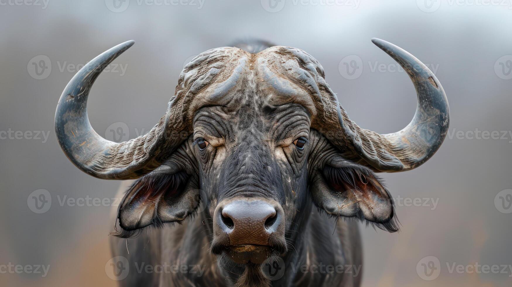 Majestic African buffalo gazing directly at the camera in a misty savanna landscape at dawn photo