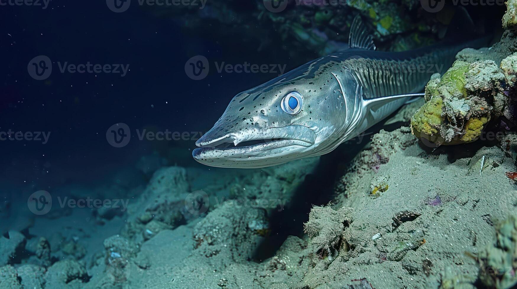 Underwater scene featuring a close-up of a fish exploring a vibrant coral reef habitat photo