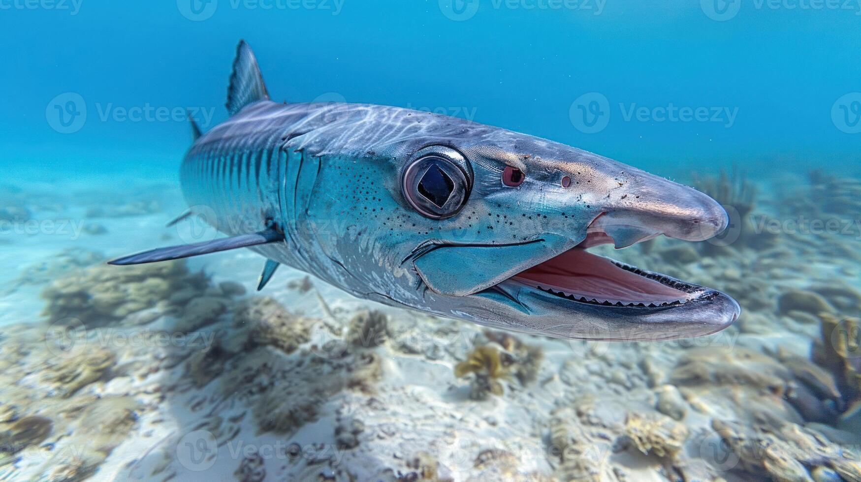 Underwater close-up of a vibrant barracuda swimming in a coral reef environment photo