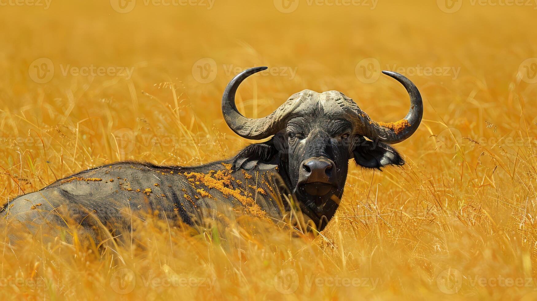 A solitary buffalo resting in a golden grassland under a clear blue sky, serene environment photo