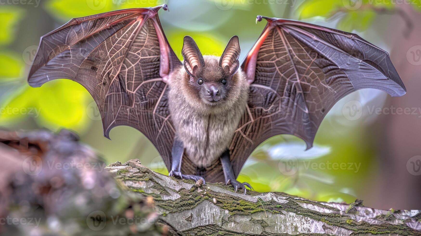 A close-up of a bat with outstretched wings perched on a tree branch in a lush forest photo
