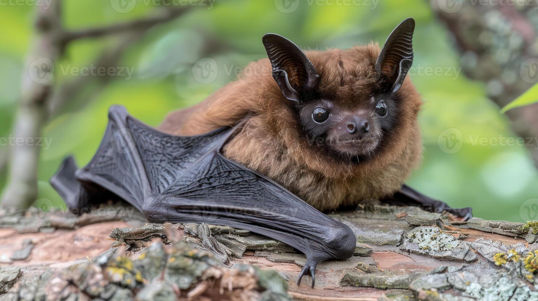 A close-up of a bat resting on a log in a vibrant forest, showcasing its unique features and habitat photo