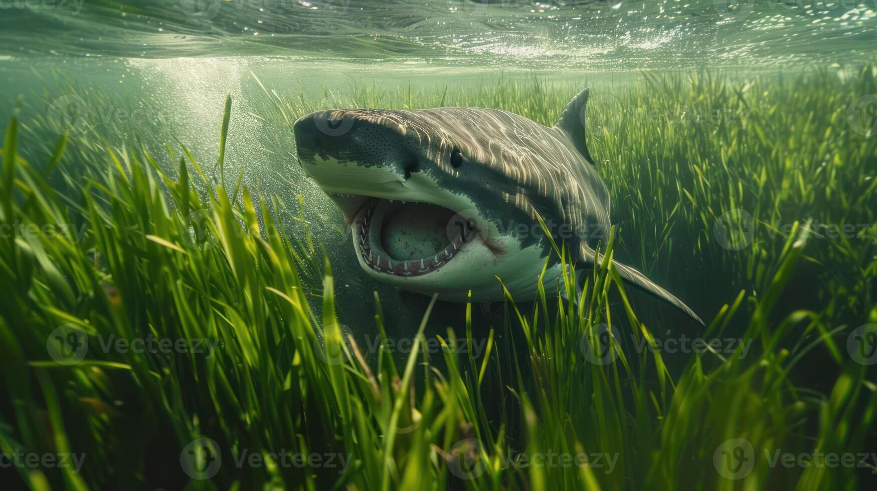 Great white shark swimming through underwater grass with sunlight filtering above photo
