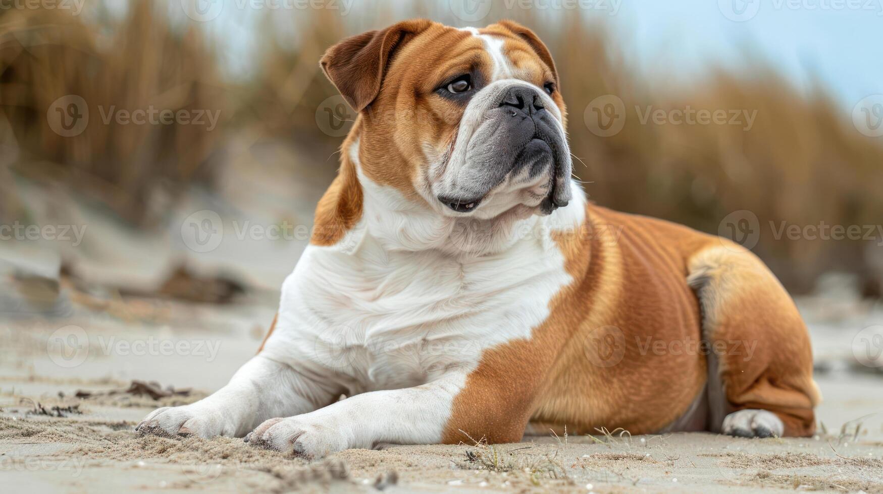A relaxed bulldog lying on a sandy beach with tall grass in the background, enjoying nature photo