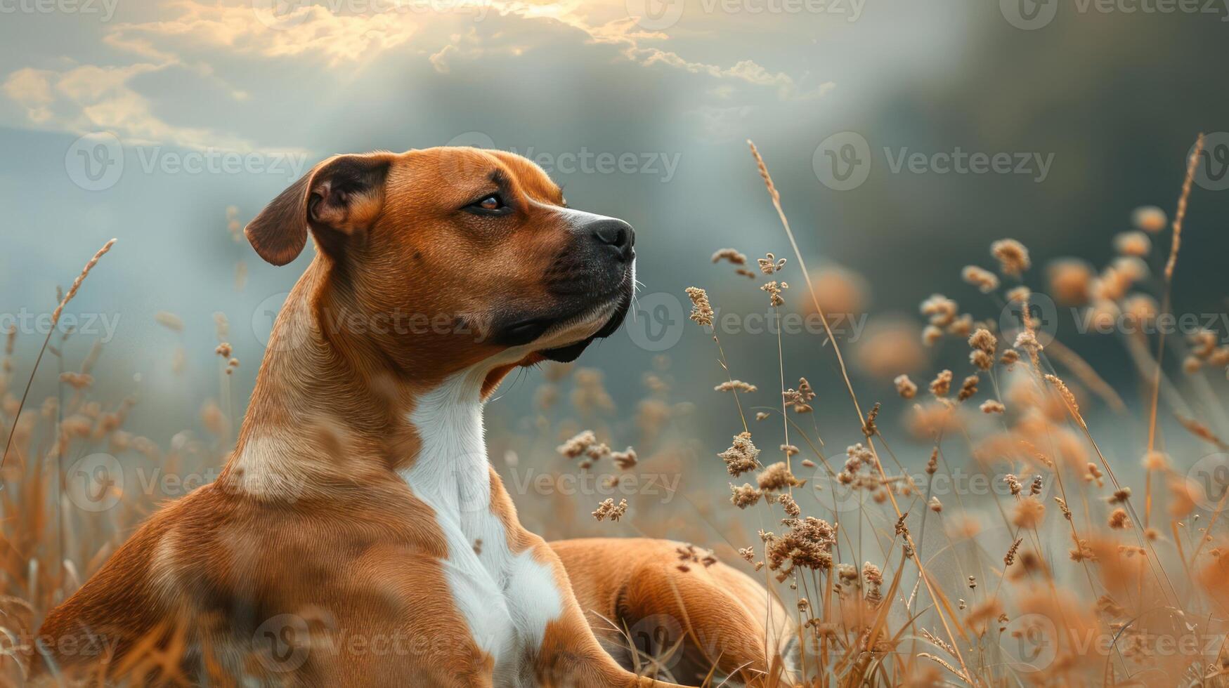 A serene dog resting in a golden field during sunset, surrounded by soft grasses and distant hills photo