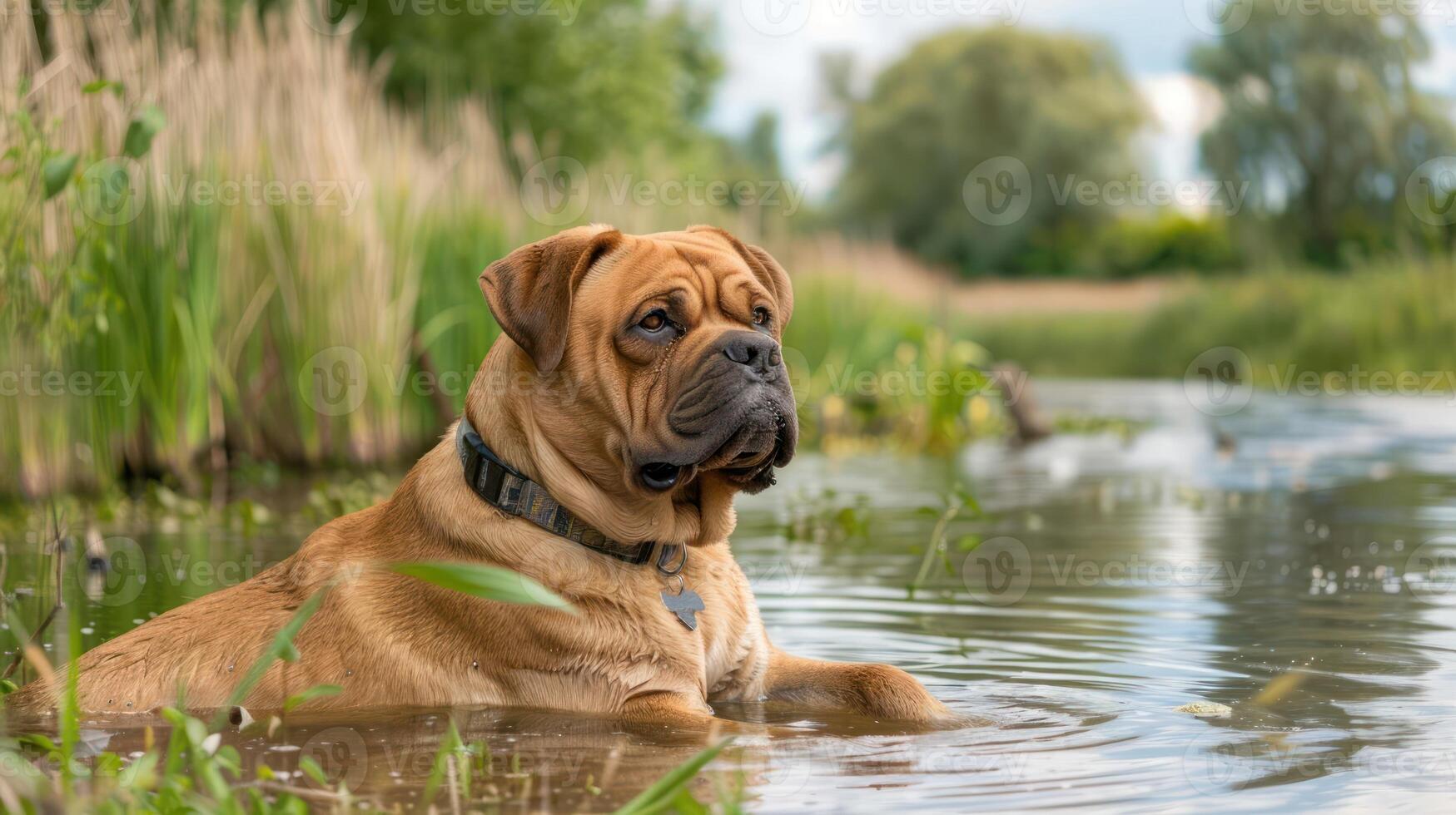 A relaxed dog enjoying a tranquil moment in a serene waterway surrounded by lush greenery photo