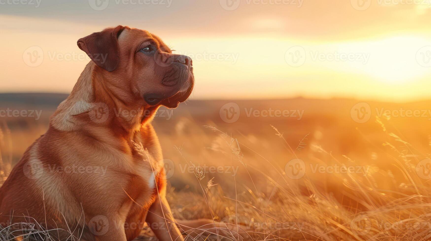 A serene dog gazing at a sunset in a grassy field, evoking tranquility and warmth photo