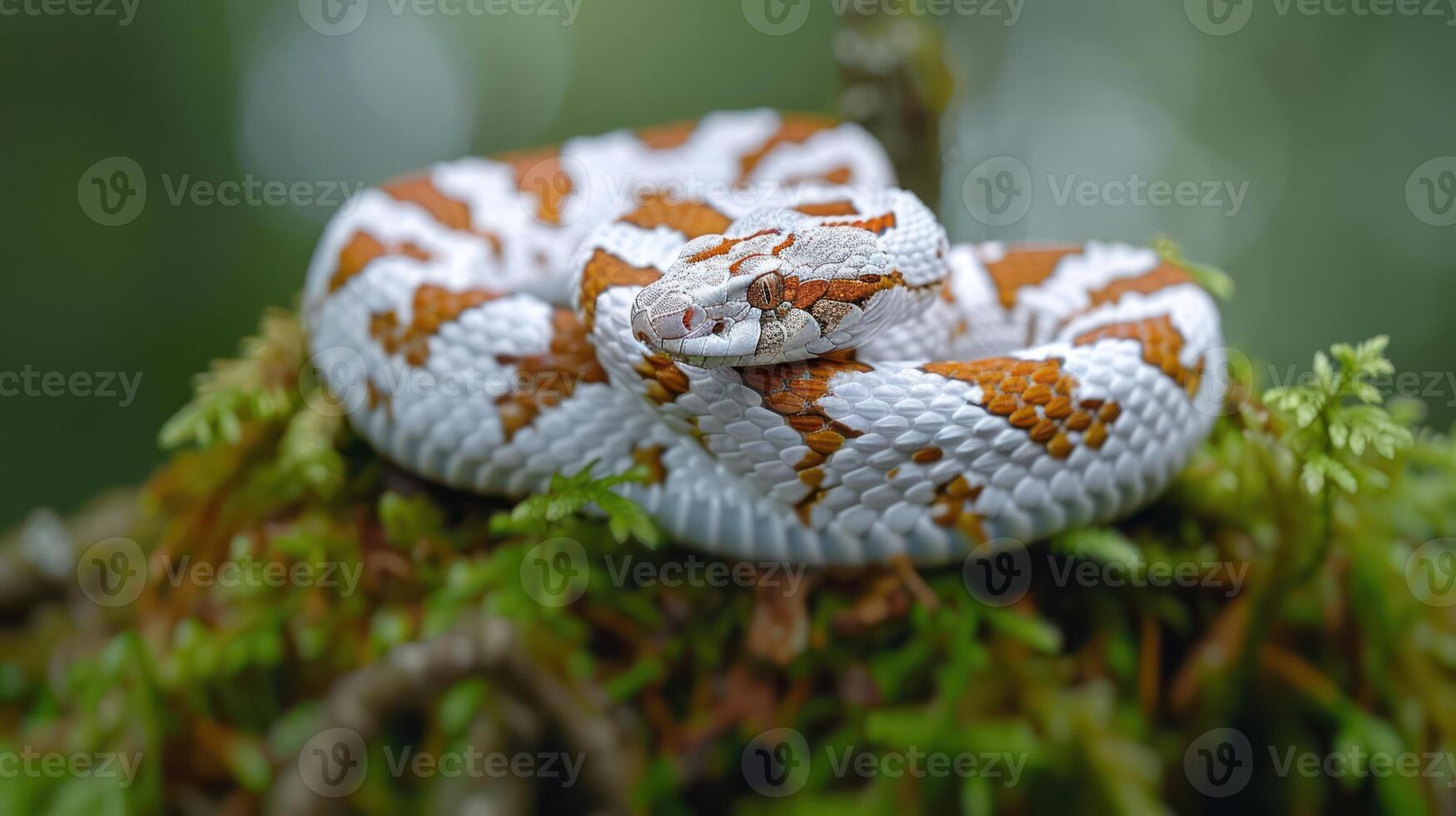 A striking white and orange snake resting on lush green moss in a vibrant forest setting photo