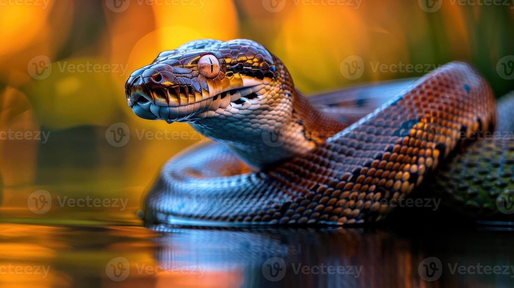 A close-up of a vibrant snake coiled in calm waters, surrounded by colorful foliage at sunset photo