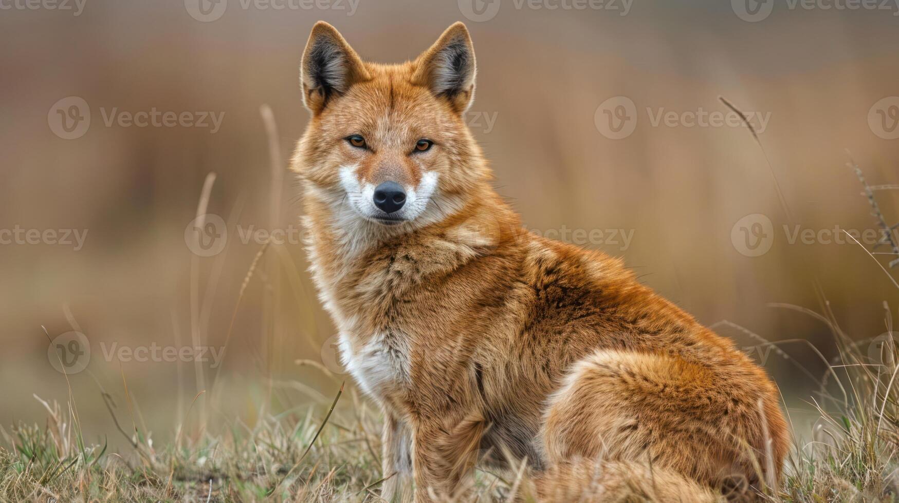 A striking golden fox sits gracefully in a natural landscape, surrounded by soft grass and distant hills photo