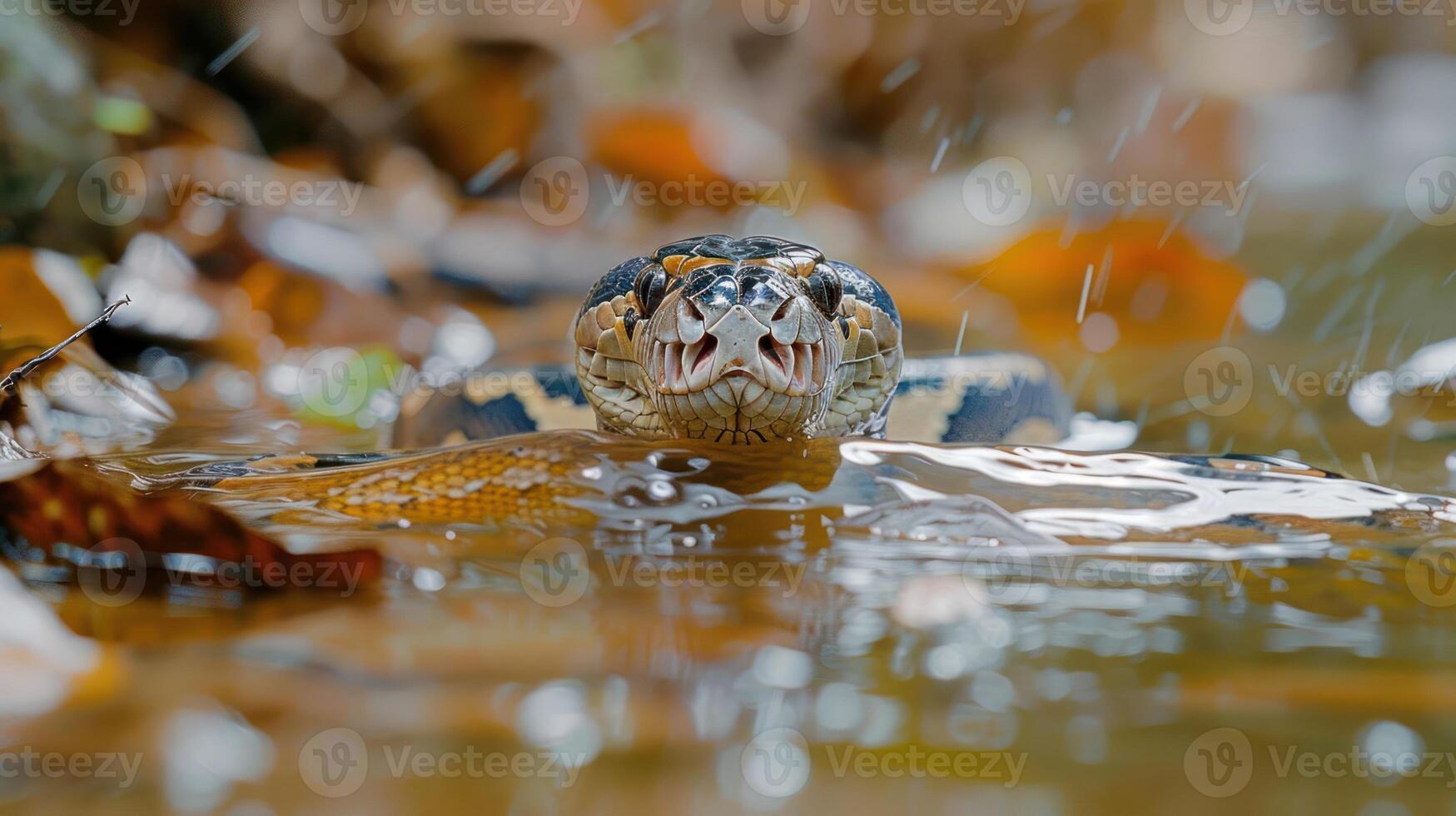 Close-up of a snake emerging from water amidst autumn leaves, creating a serene nature scene photo