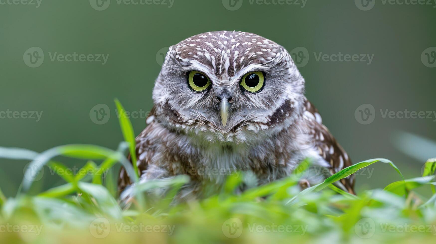 A close-up of a curious owl perched in lush green grass, surrounded by a serene natural backdrop photo