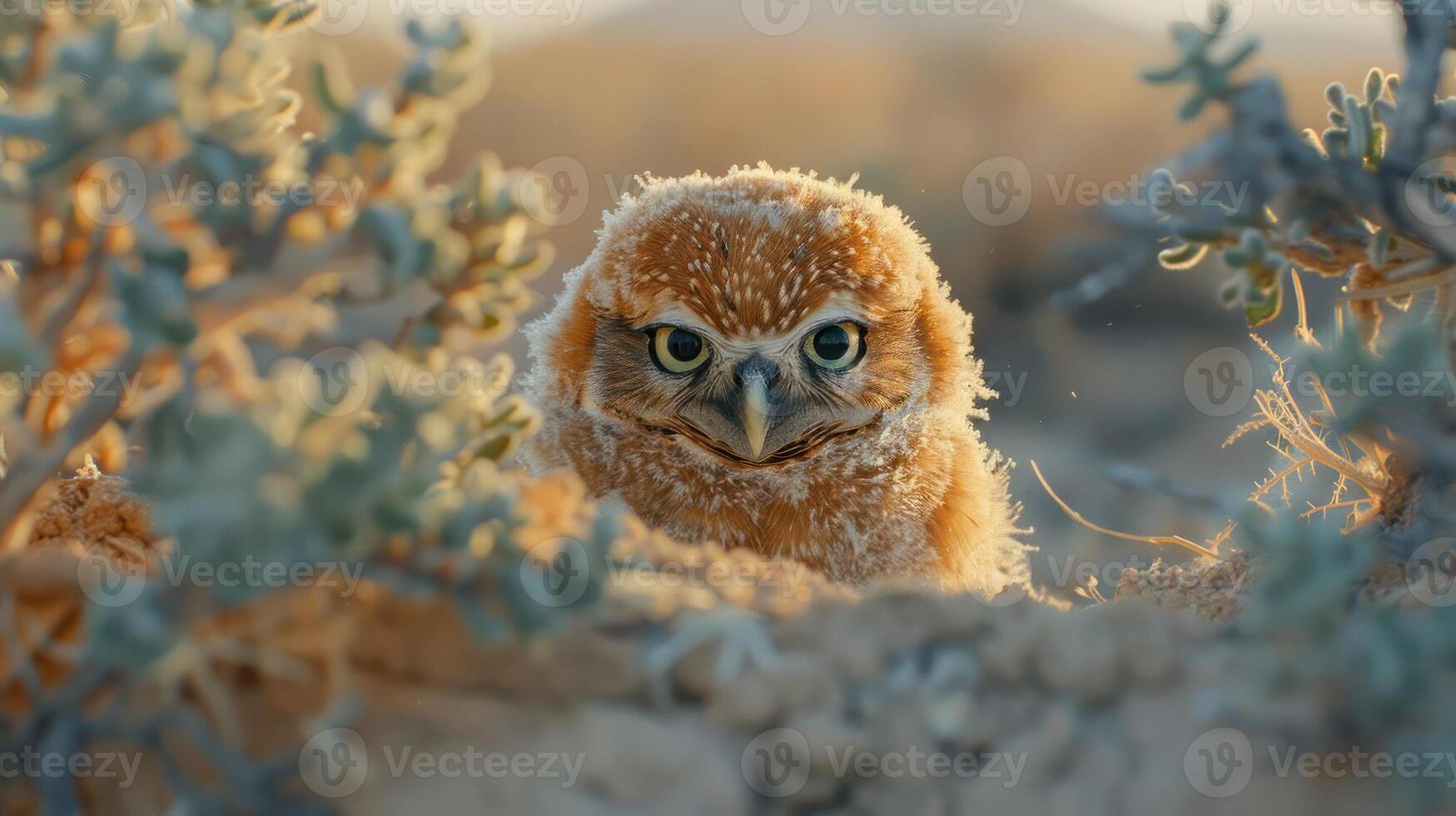 A young owl perched amidst frost-covered shrubs at dawn, showcasing its curious gaze in nature photo