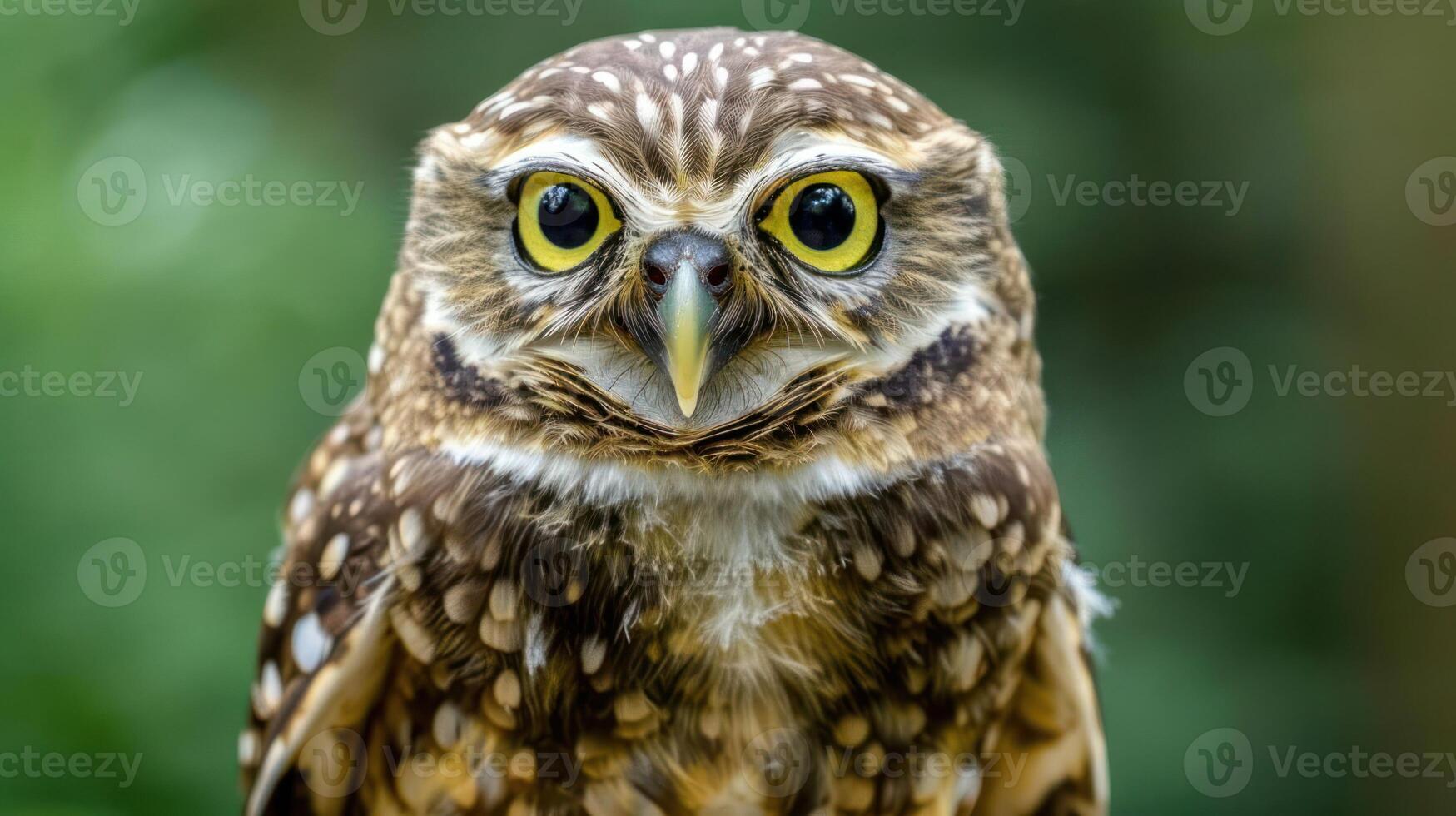 Close-up of a curious owl with striking yellow eyes perched among lush greenery in a serene habitat photo