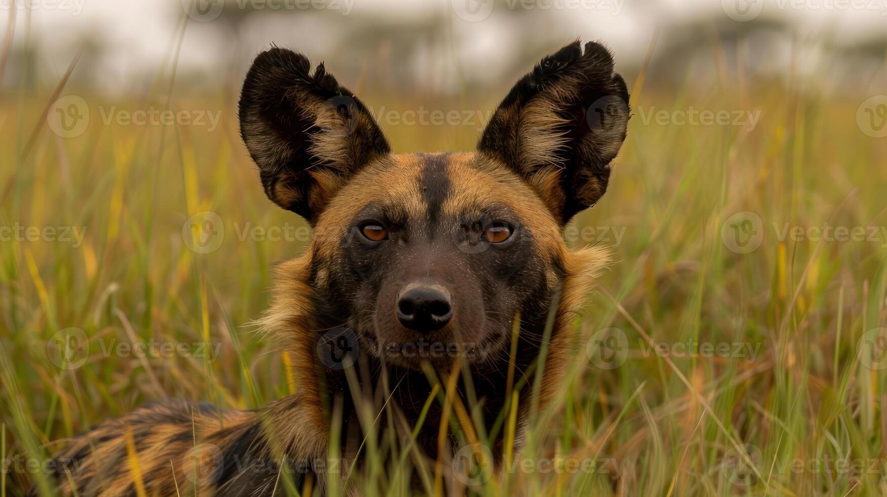 A close-up of a wild dog resting in tall grass, surrounded by a serene natural landscape photo