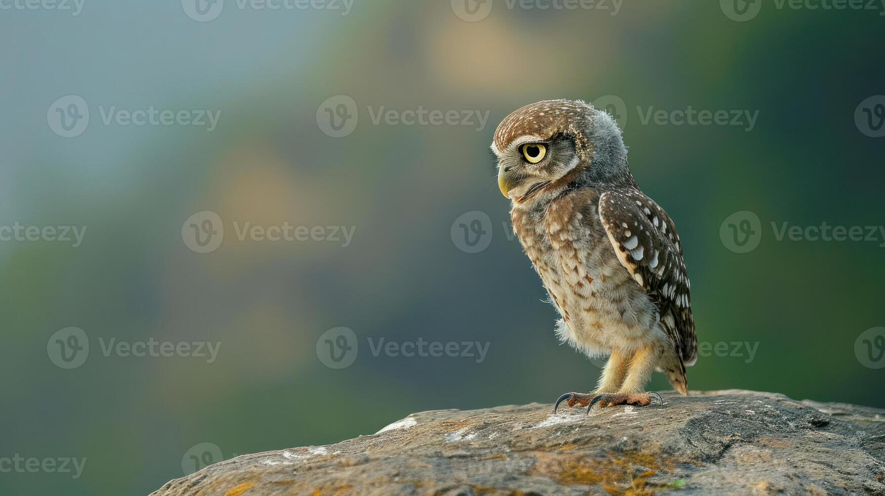 Young owl perched on a rocky surface, surrounded by a blurred natural landscape at dawn photo