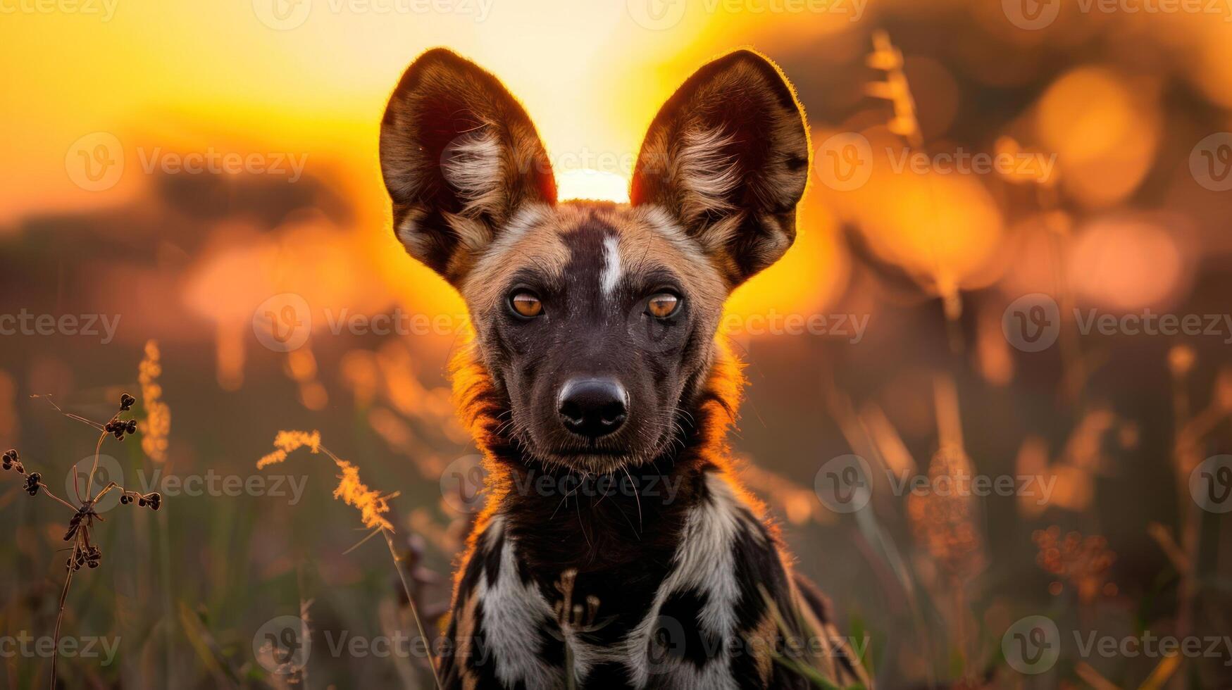 Majestic wild dog portrait at sunset, surrounded by golden grass and soft bokeh background photo