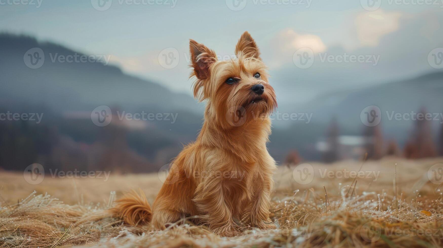 A small dog sitting proudly in a grassy field, surrounded by misty mountains and a serene landscape photo