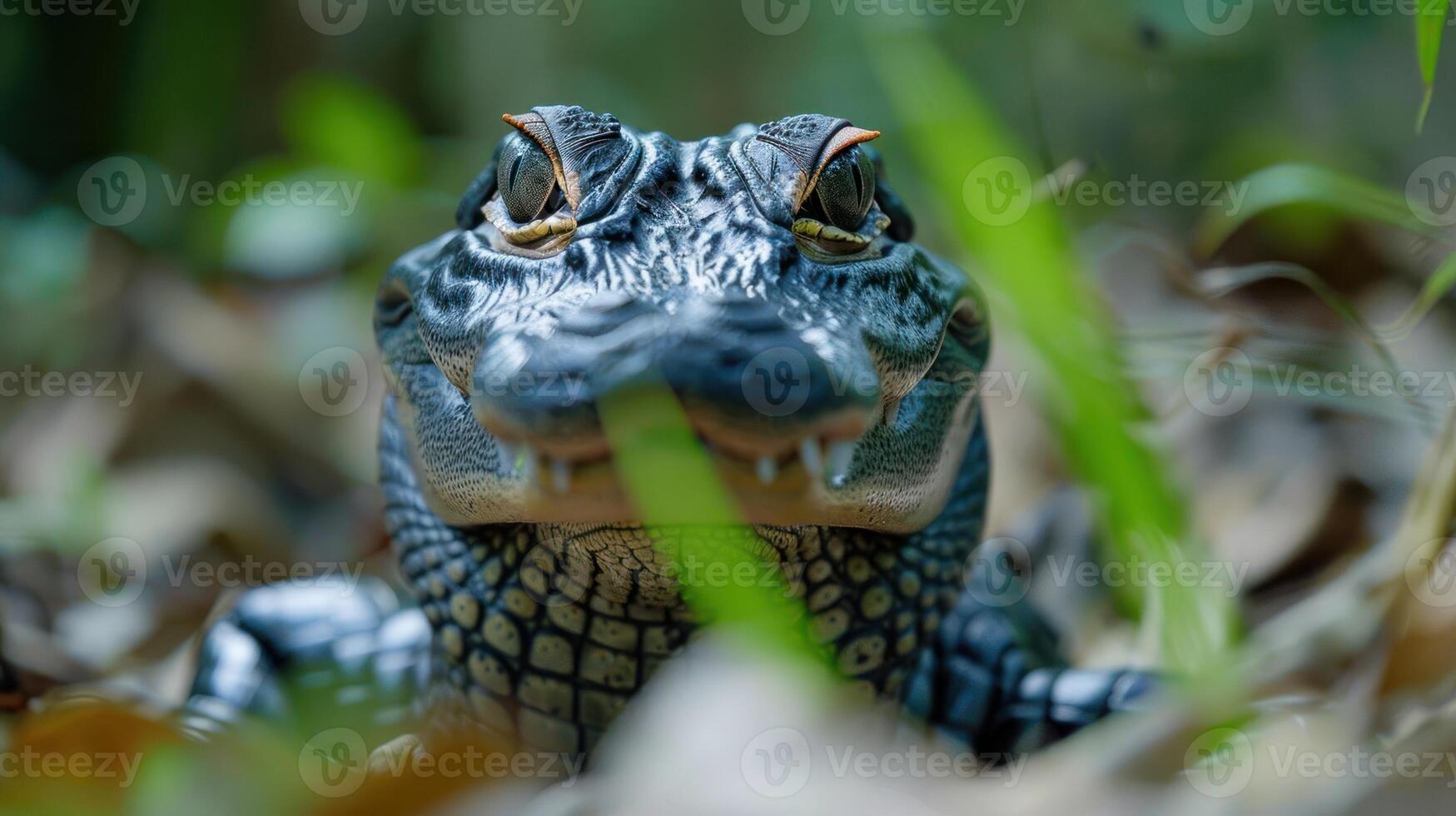 Close-up of a vibrant amphibian resting in lush foliage, surrounded by natural greenery photo