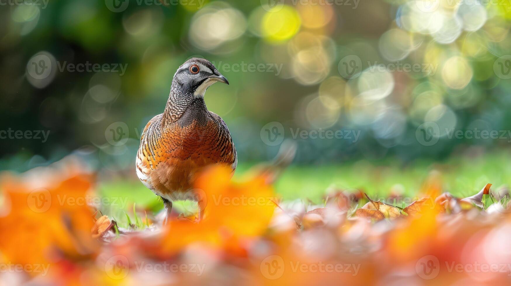A colorful quail walking among vibrant autumn leaves in a serene garden setting photo