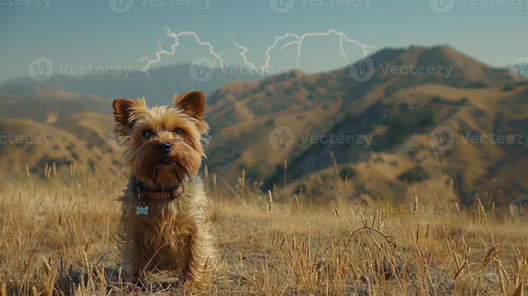 Small dog standing in a grassy field with mountains and lightning in the background photo