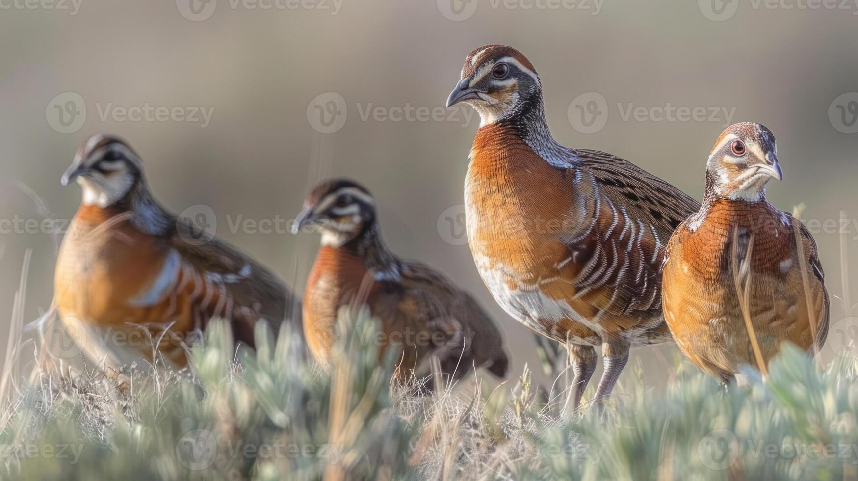 Group of four colorful birds standing on a grassy field during a sunny day in nature photo
