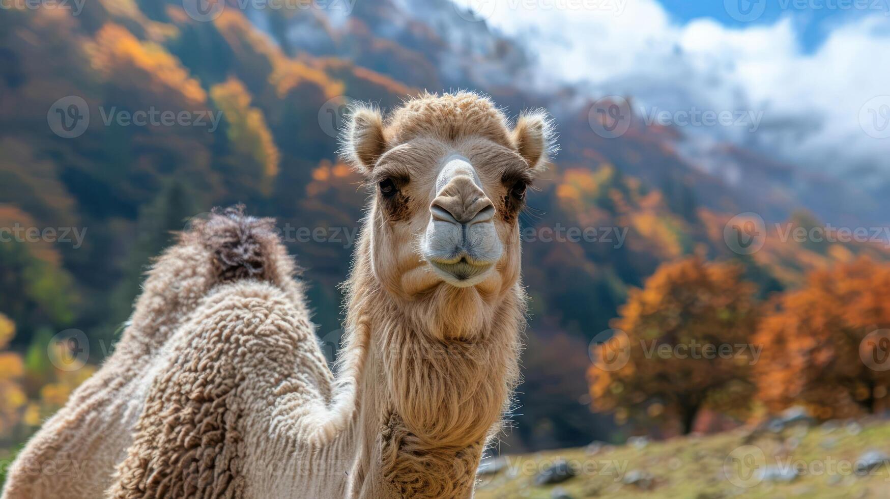 Close-up of a camel in a vibrant autumn landscape with colorful trees and mountains photo