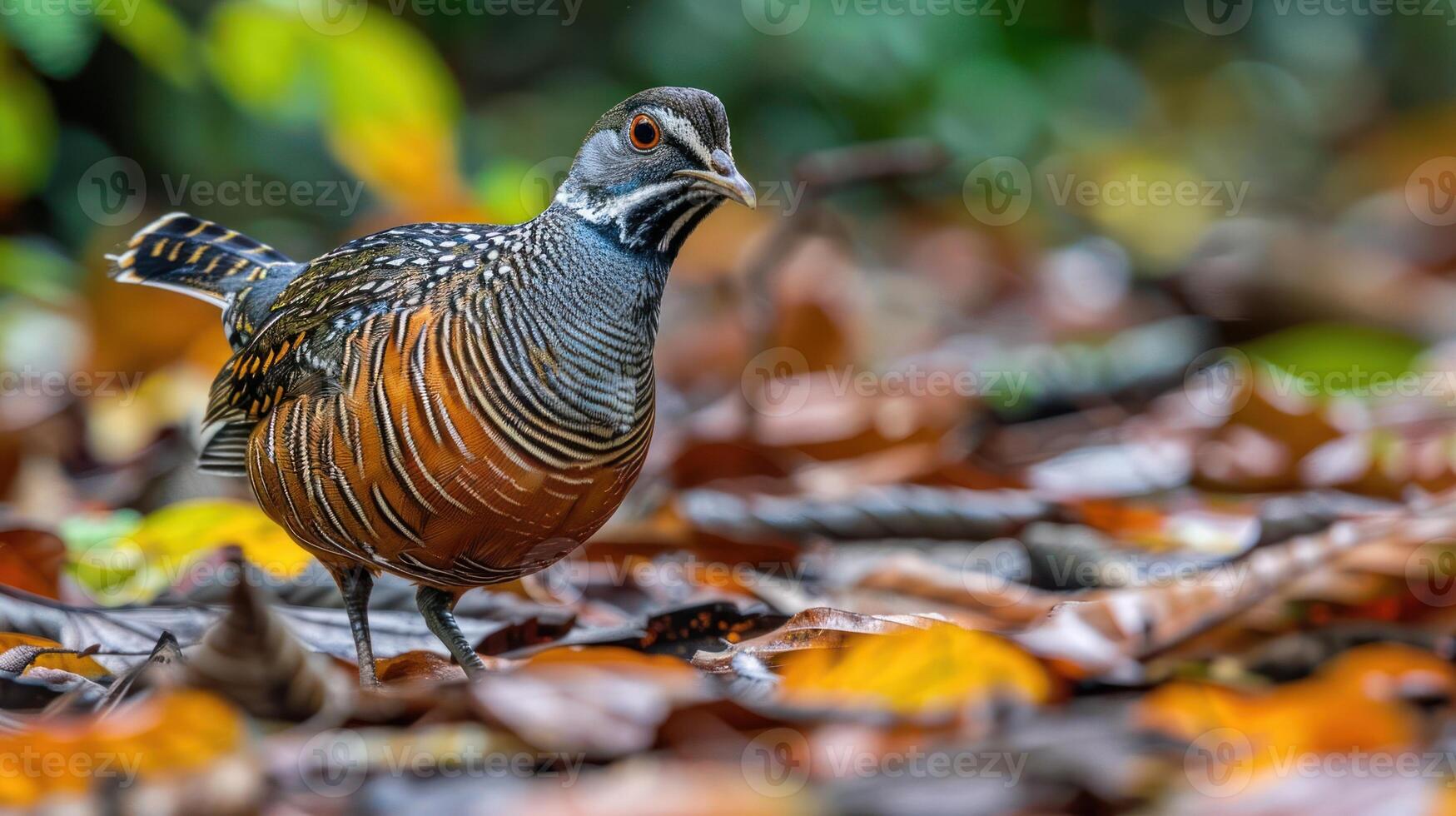 Colorful bird walking among autumn leaves in a vibrant forest setting with blurred background photo