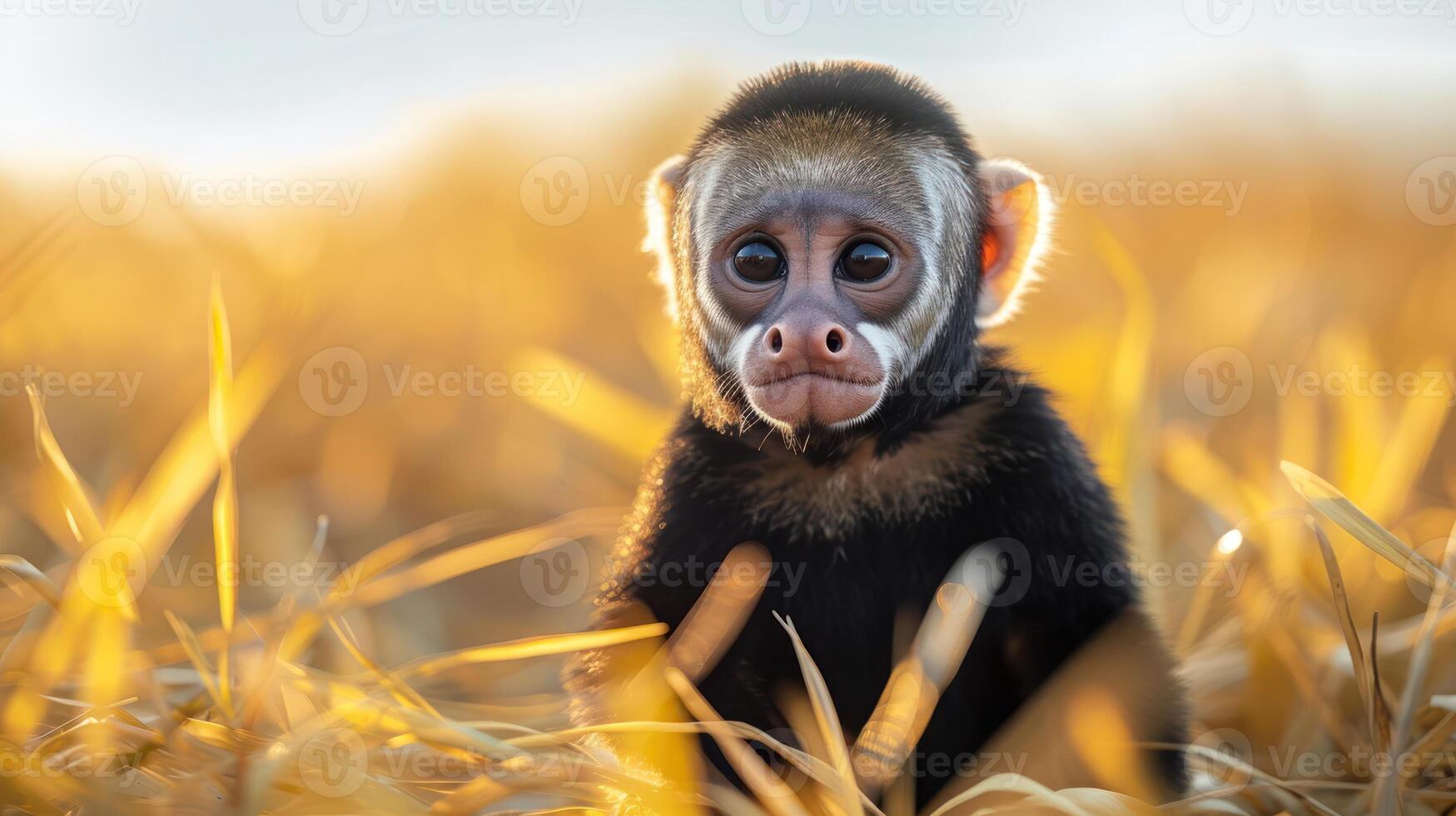 A young monkey sitting among golden grass, with a serene background and soft sunlight illuminating the scene photo