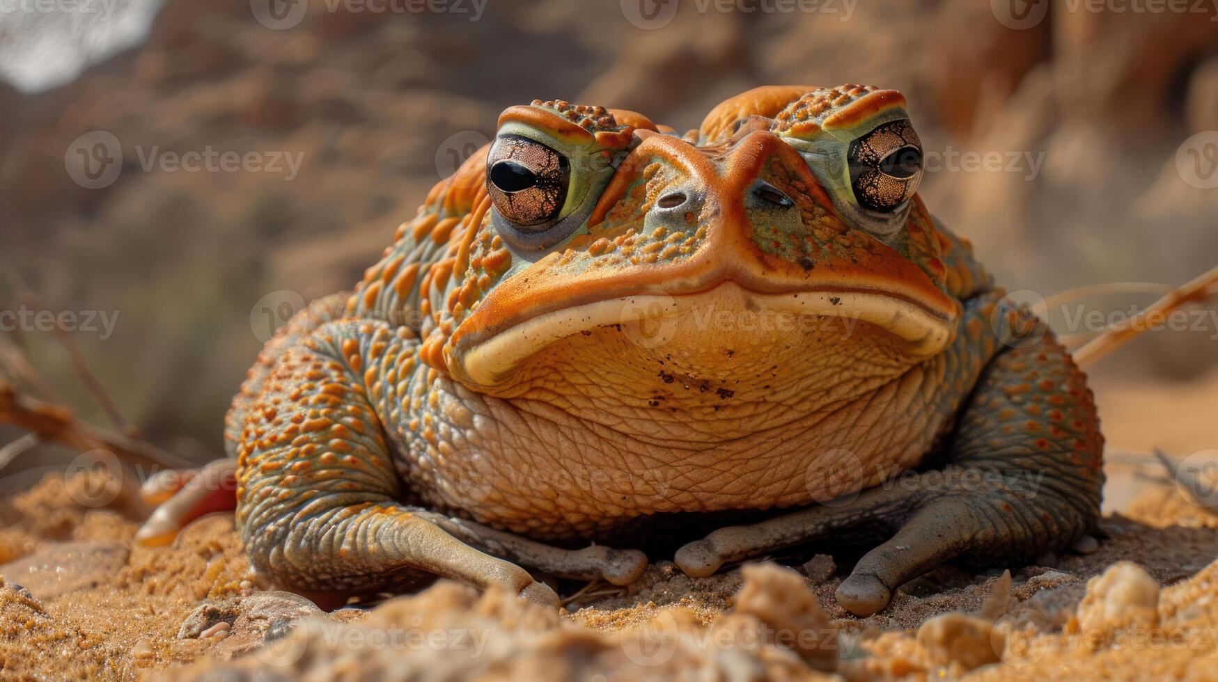 Close-up of a vibrant toad resting on sandy terrain with desert landscape in the background photo