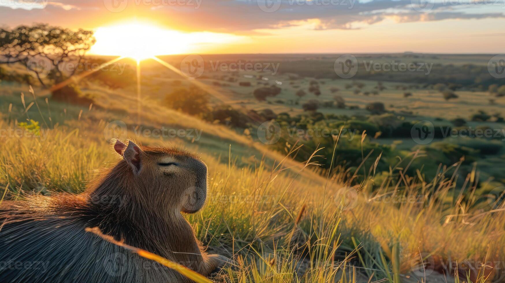 Capybara Relaxing at Sunset Overlooking a Serene Landscape with Lush Greenery photo