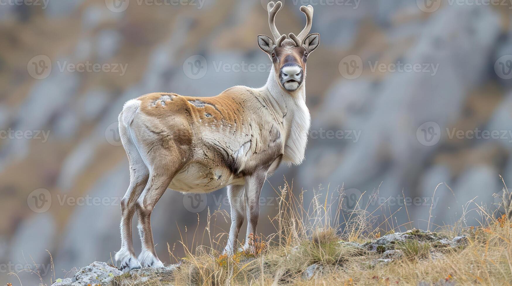 Majestic reindeer standing on rocky terrain with autumn foliage in the background, showcasing nature photo