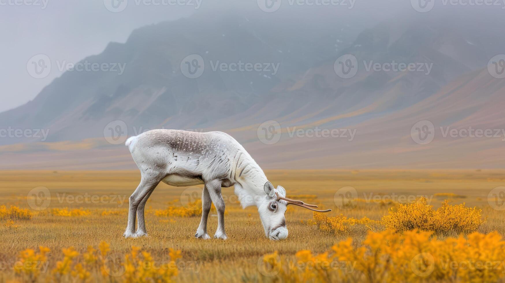A serene reindeer grazing in a lush meadow surrounded by misty mountains and autumn foliage photo