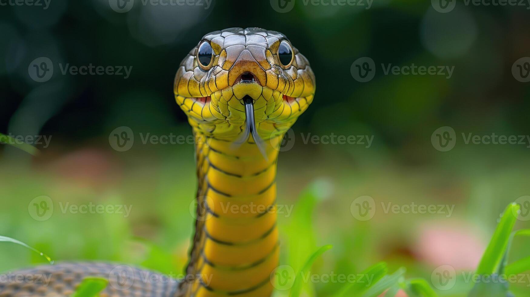 Close-up of a vibrant snake with intricate patterns, poised in lush green grass, showcasing nature's beauty photo
