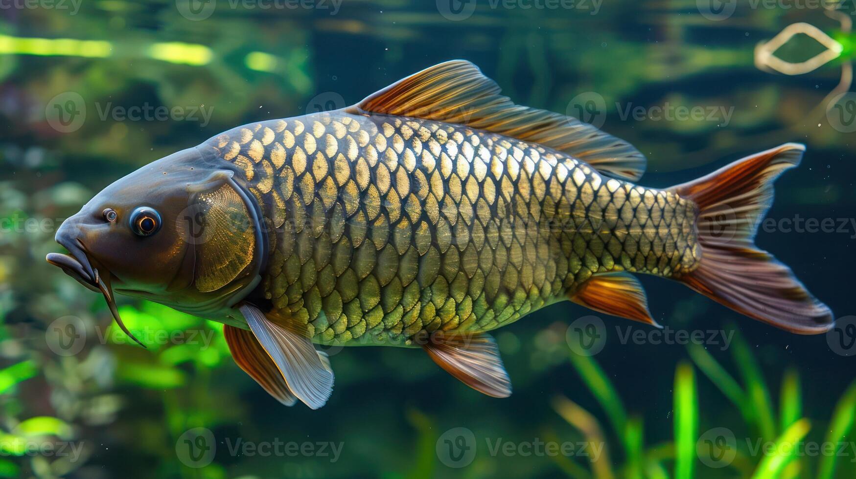 Underwater view of a vibrant fish swimming in a lush aquatic environment with plants photo