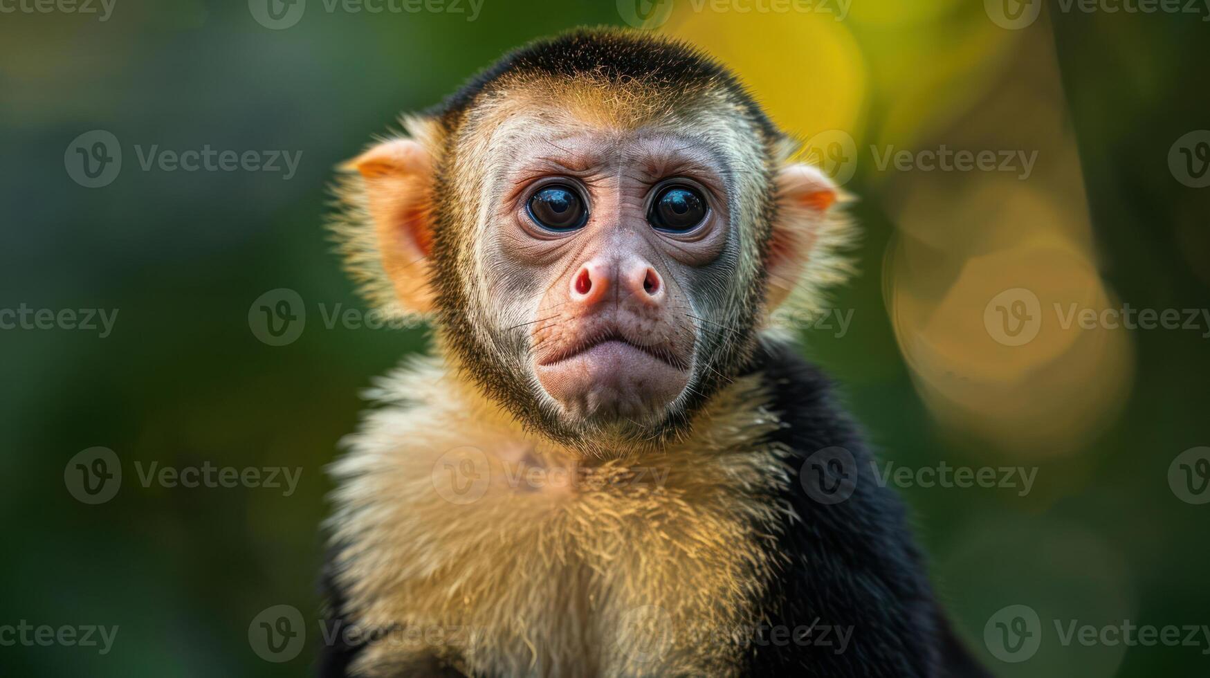 Close-up of a curious young monkey with expressive eyes in a lush green environment photo