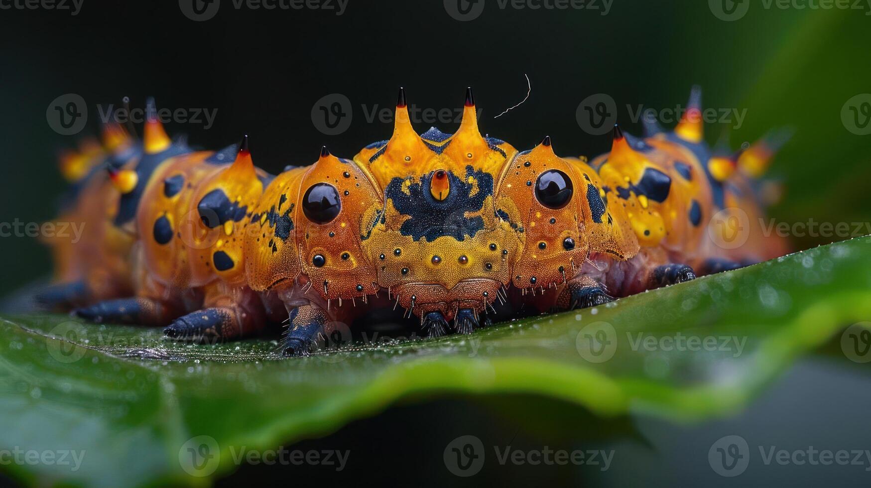 Close-up of a vibrant, spiky caterpillar resting on a green leaf in a lush natural environment photo