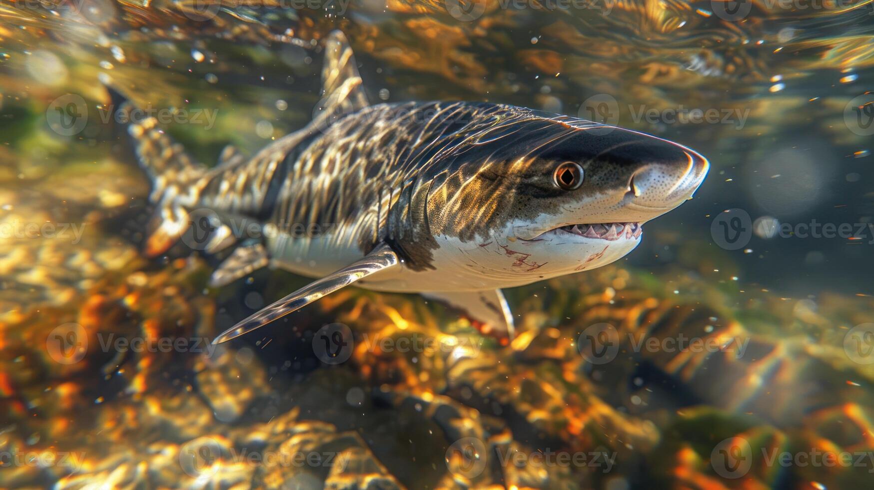 Underwater view of a shark swimming among colorful rocks and shimmering water, capturing marine life photo