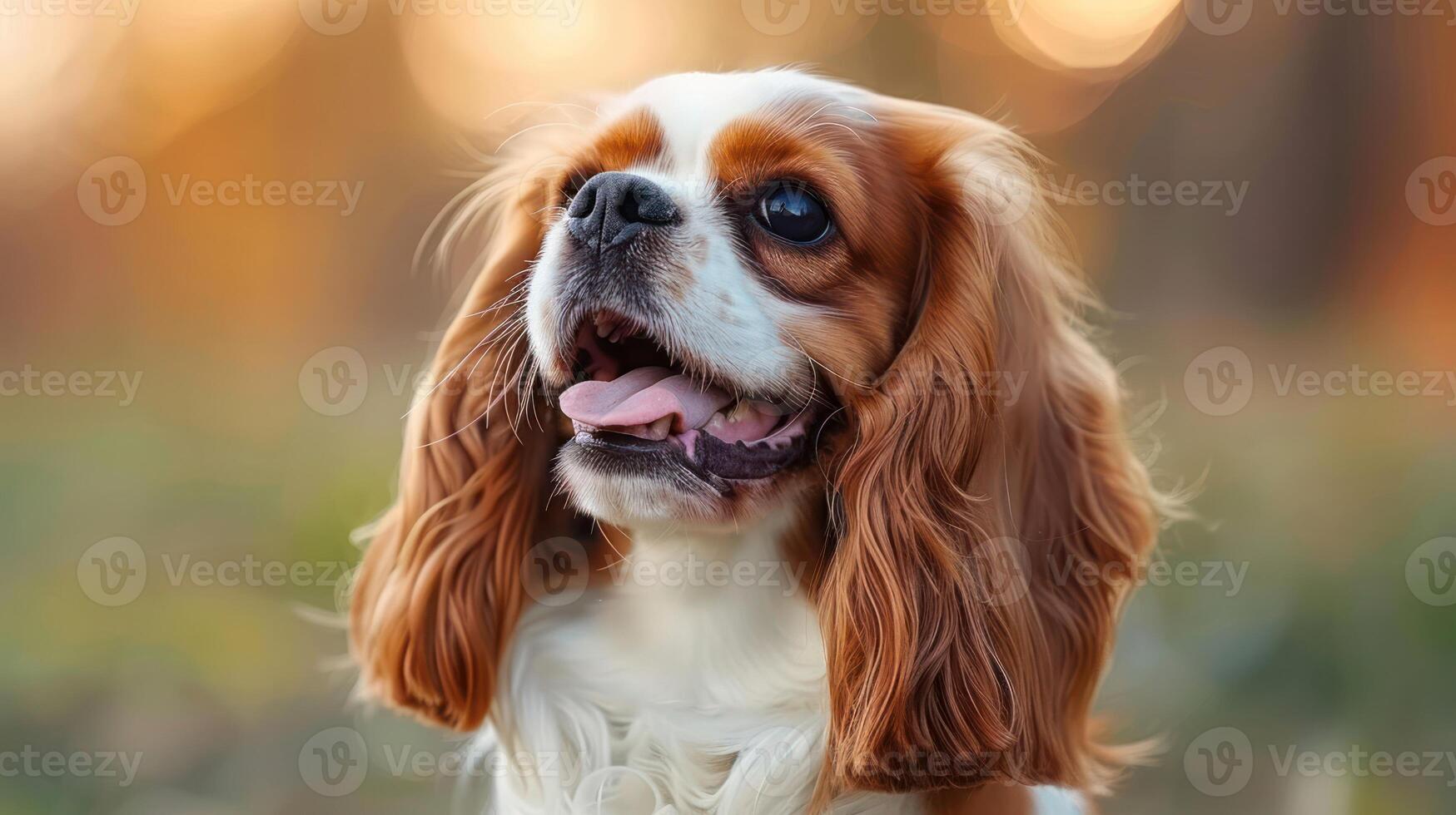 Charming Cavalier King Charles Spaniel with Fluffy Ears in a Sunlit Autumn Park Setting photo