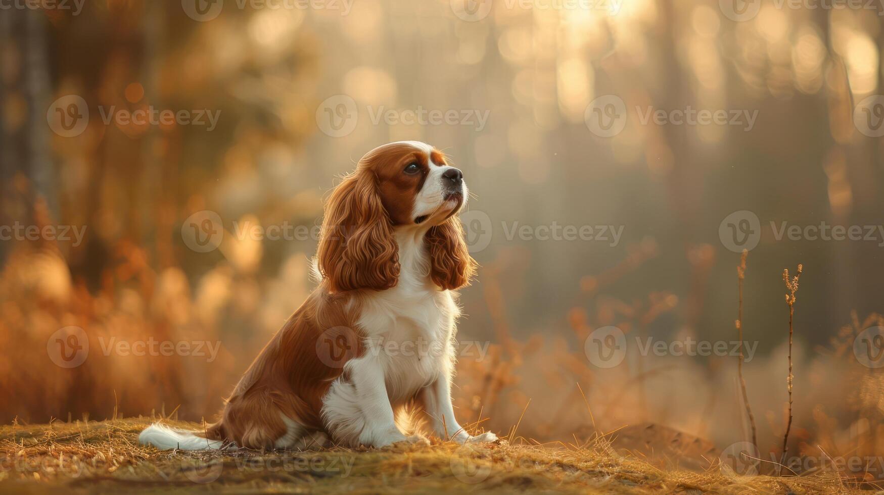 A Cavalier King Charles Spaniel sitting gracefully in a sunlit forest during autumn photo