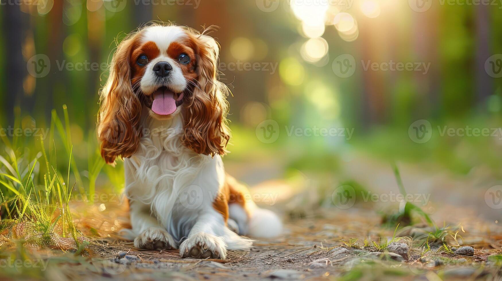 Playful dog resting on a forest path during golden hour, surrounded by lush greenery and sunlight photo